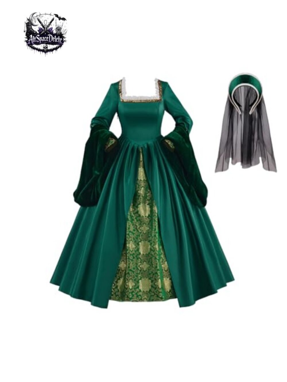 Tudor Anne Boleyn Costume Dress with Headpiece Satin Velvet Brocade